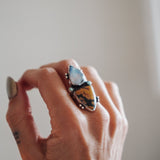 Ocean Jasper, Rainbow Moonstone, & Lone Mtn Turquoise Ring (Size 9) - Golden Road Crafted