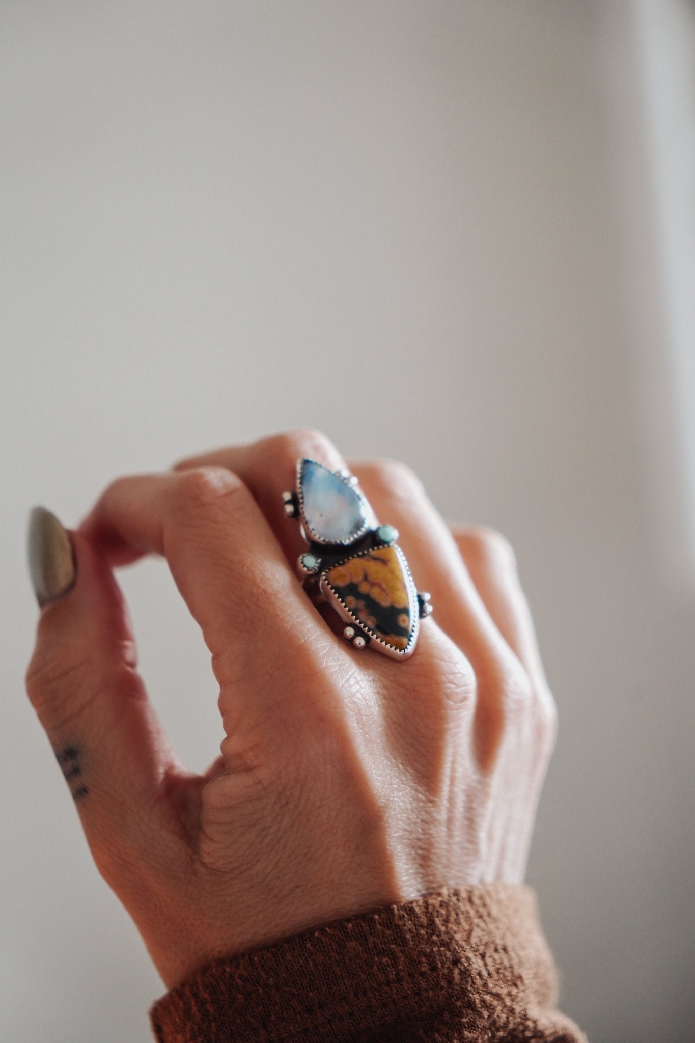 Ocean Jasper, Rainbow Moonstone, & Lone Mtn Turquoise Ring (Size 9) - Golden Road Crafted