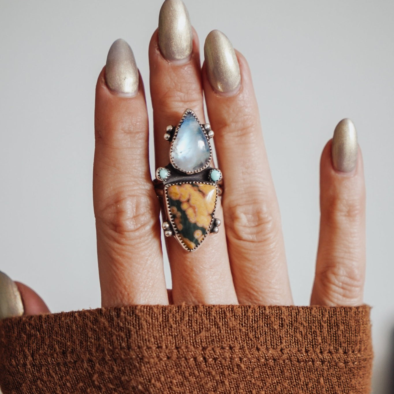 Ocean Jasper, Rainbow Moonstone, & Lone Mtn Turquoise Ring (Size 9) - Golden Road Crafted