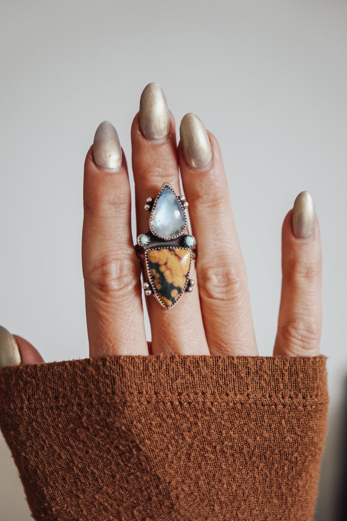 Ocean Jasper, Rainbow Moonstone, & Lone Mtn Turquoise Ring (Size 9) - Golden Road Crafted