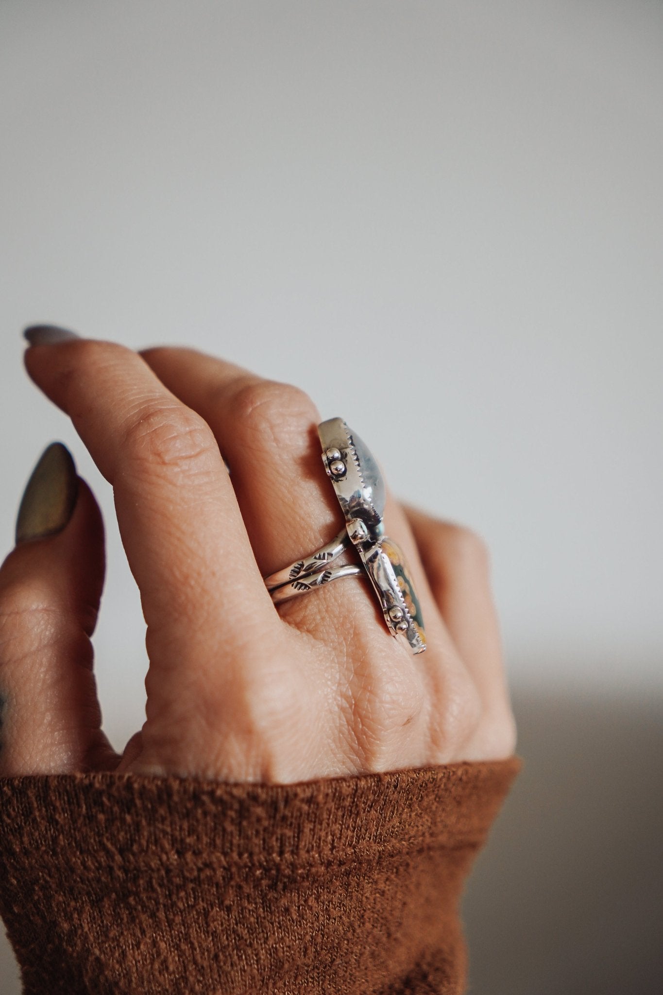 Ocean Jasper, Rainbow Moonstone, & Lone Mtn Turquoise Ring (Size 9) - Golden Road Crafted