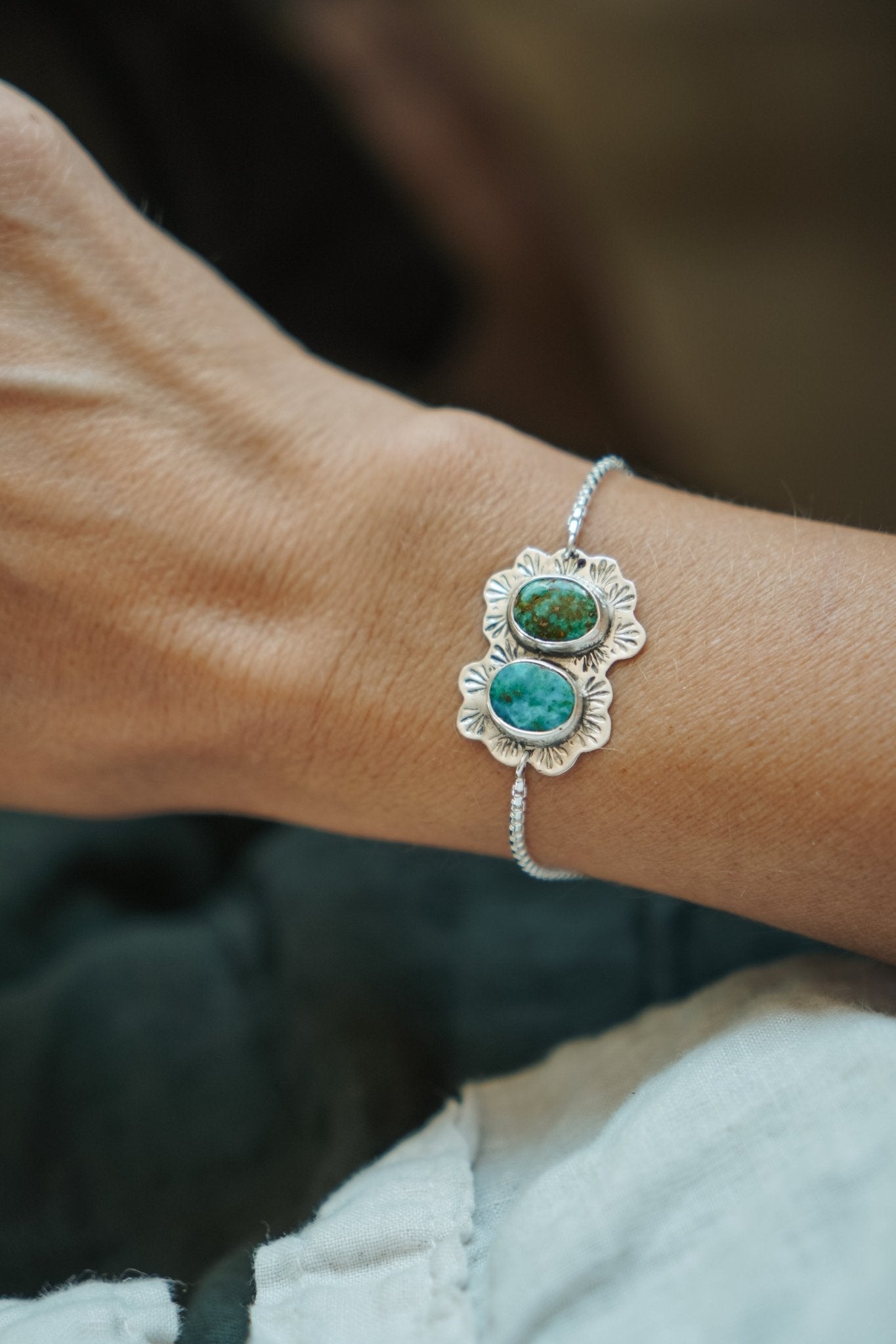 Out West Adjustable Bracelet in Emerald Valley & Hubei Turquoise - Golden Road Crafted
