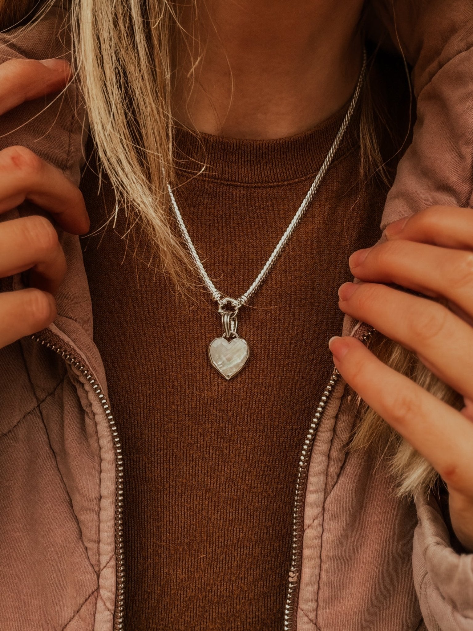 Pearl Heart Necklace with Double Curb Chain - Golden Road Crafted