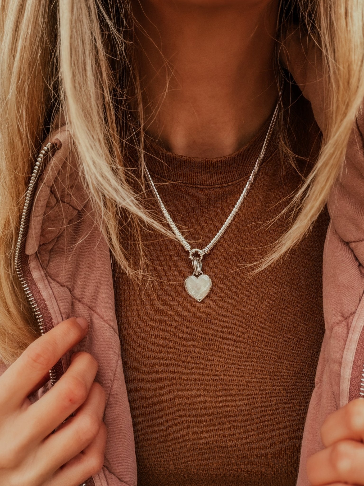 Pearl Heart Necklace with Double Curb Chain - Golden Road Crafted