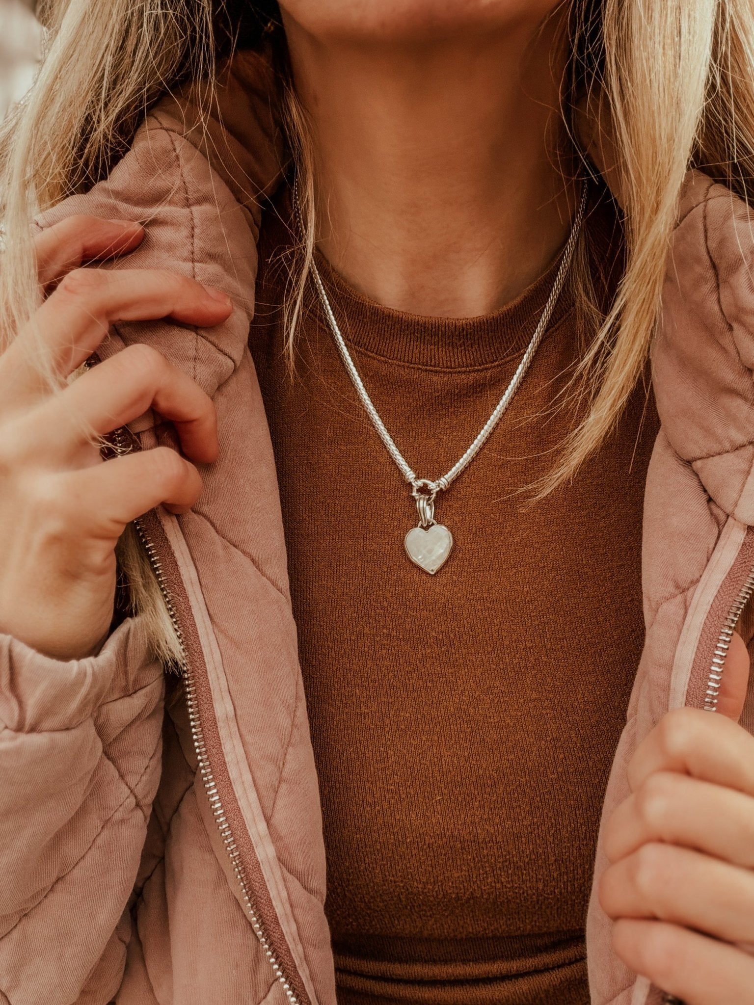 Pearl Heart Necklace with Double Curb Chain - Golden Road Crafted