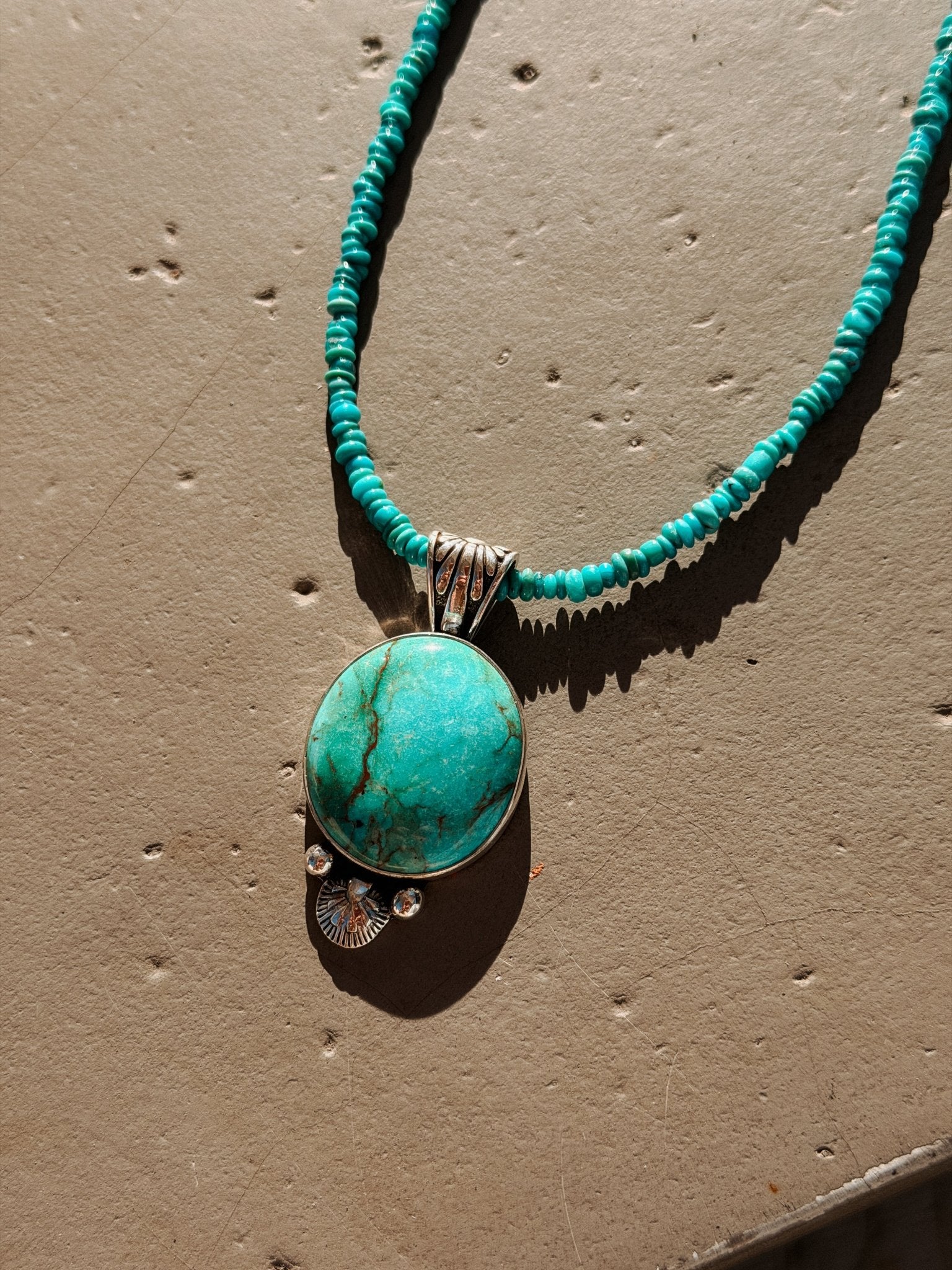Pendant in Royston Turquoise w/ Turquoise Bead Chain - Golden Road Crafted