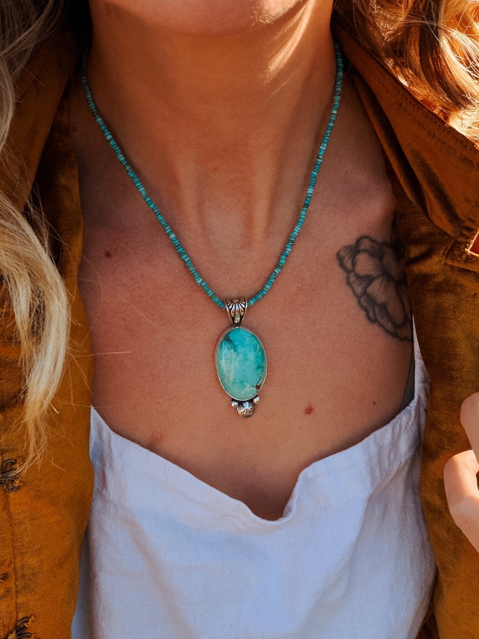 Pendant in Royston Turquoise w/ Turquoise Bead Chain - Golden Road Crafted