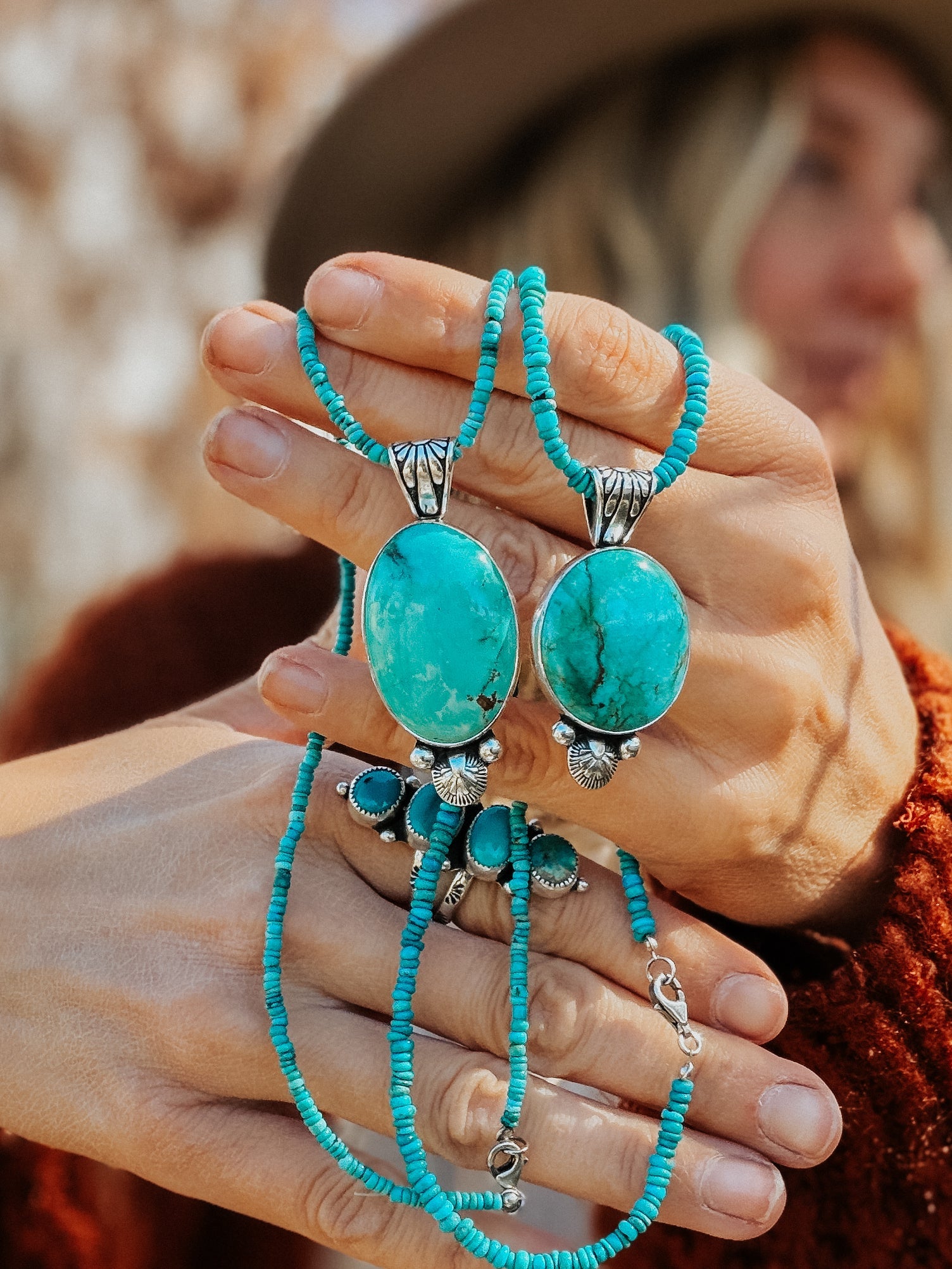 Pendant in Royston Turquoise w/ Turquoise Bead Chain - Golden Road Crafted