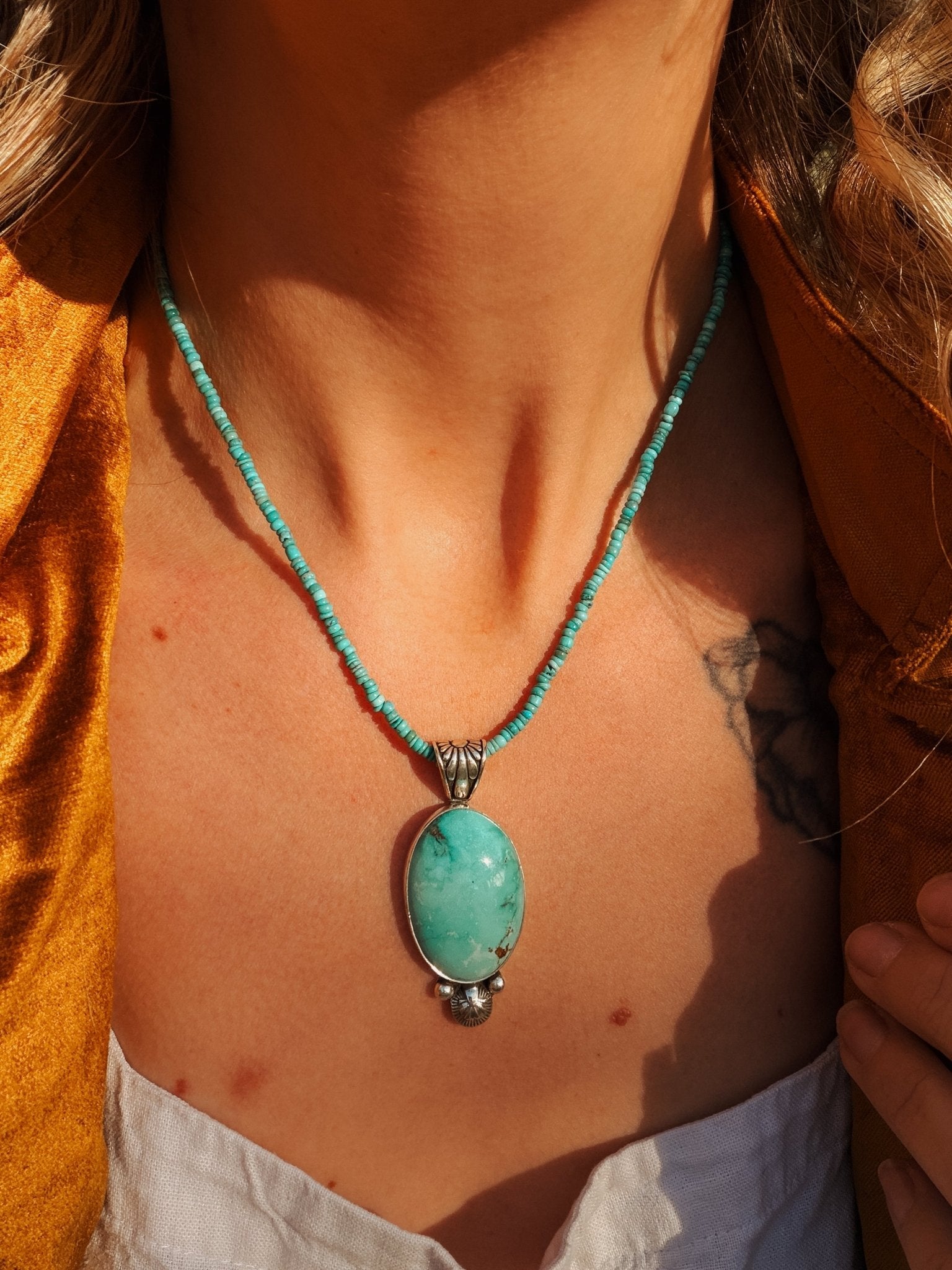 Pendant in Royston Turquoise w/ Turquoise Bead Chain - Golden Road Crafted