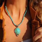 Pendant in Royston Turquoise w/ Turquoise Bead Chain - Golden Road Crafted