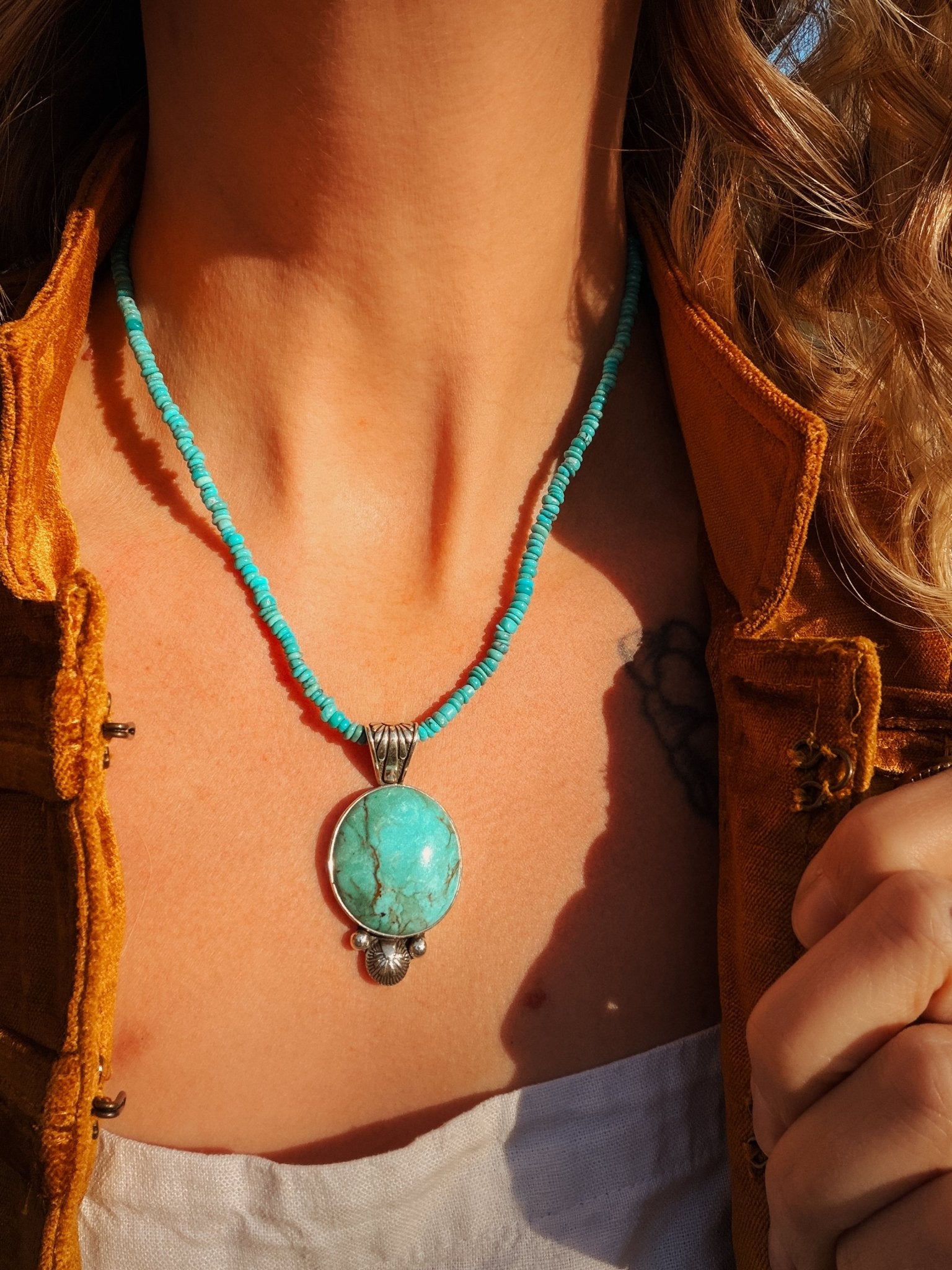 Pendant in Royston Turquoise w/ Turquoise Bead Chain - Golden Road Crafted