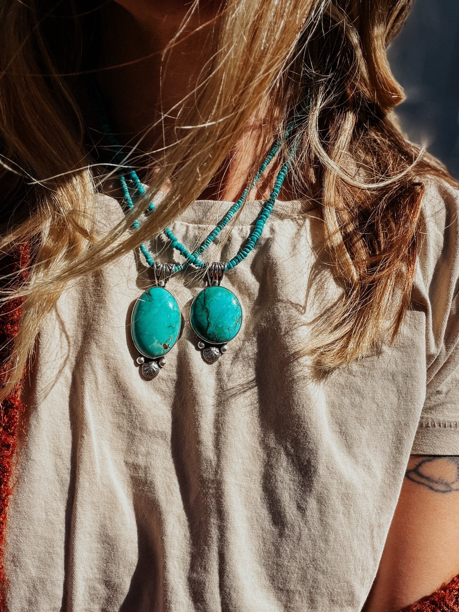 Pendant in Royston Turquoise w/ Turquoise Bead Chain - Golden Road Crafted