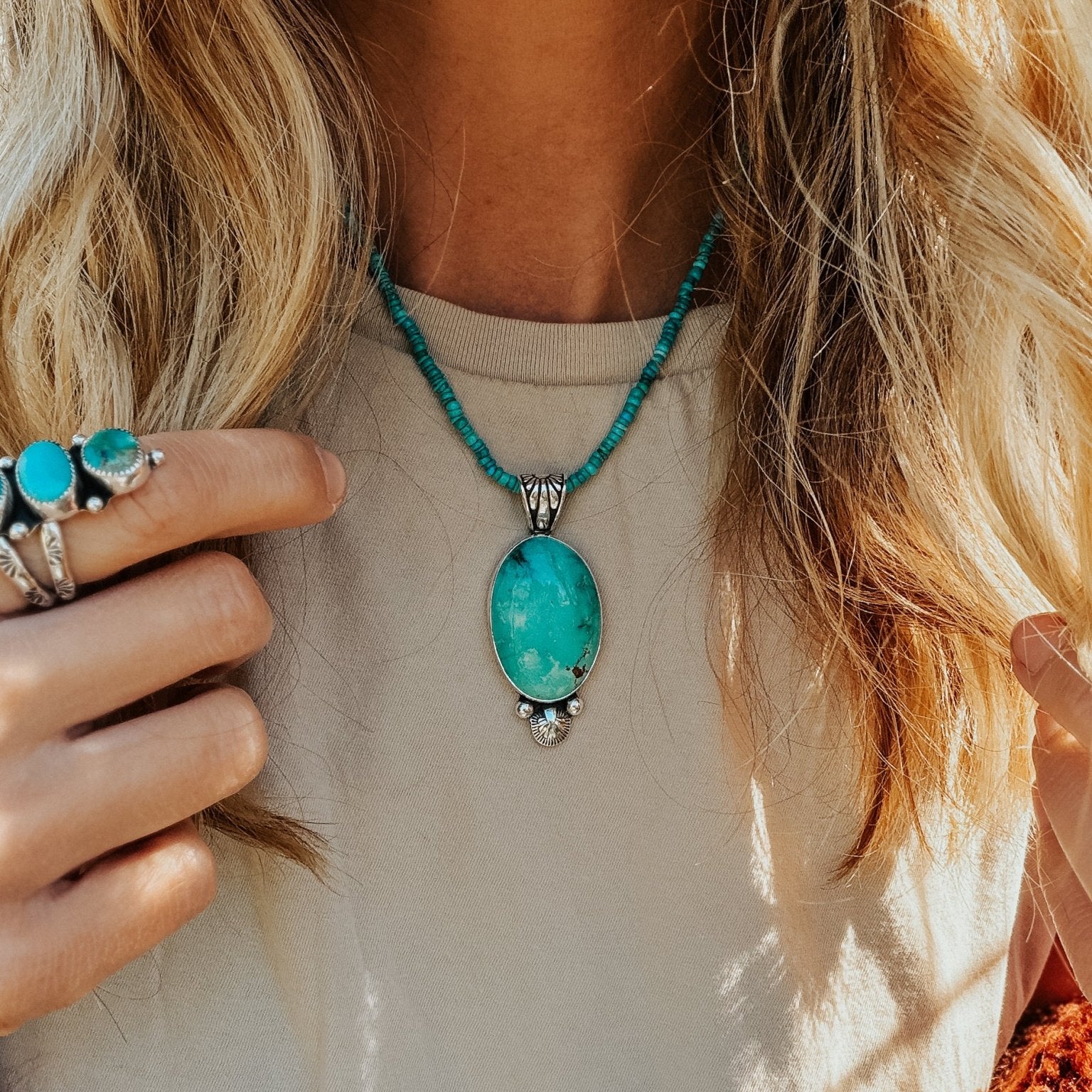 Pendant in Royston Turquoise w/ Turquoise Bead Chain - Golden Road Crafted