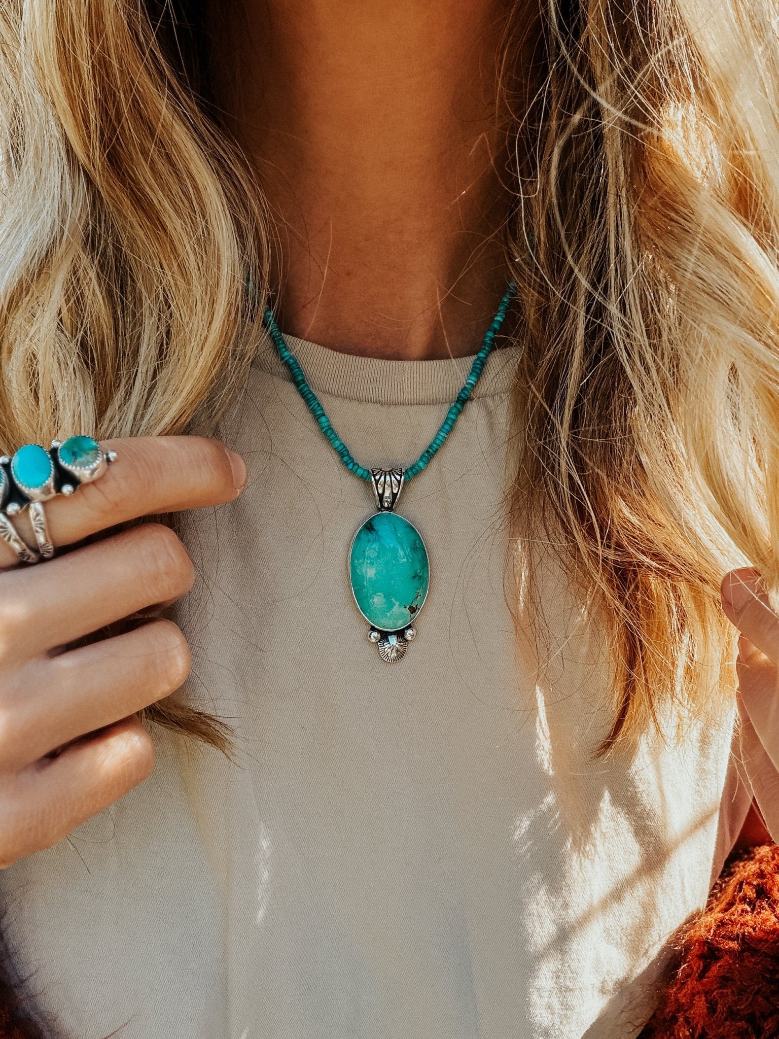 Pendant in Royston Turquoise w/ Turquoise Bead Chain - Golden Road Crafted