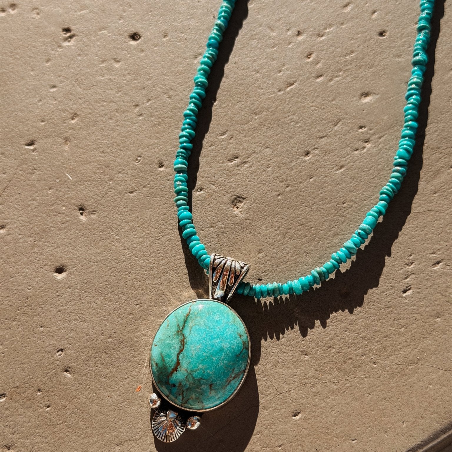 Pendant in Royston Turquoise w/ Turquoise Bead Chain - Golden Road Crafted