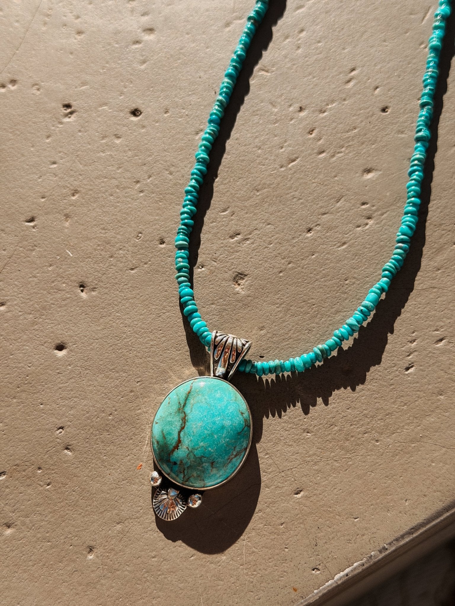 Pendant in Royston Turquoise w/ Turquoise Bead Chain - Golden Road Crafted