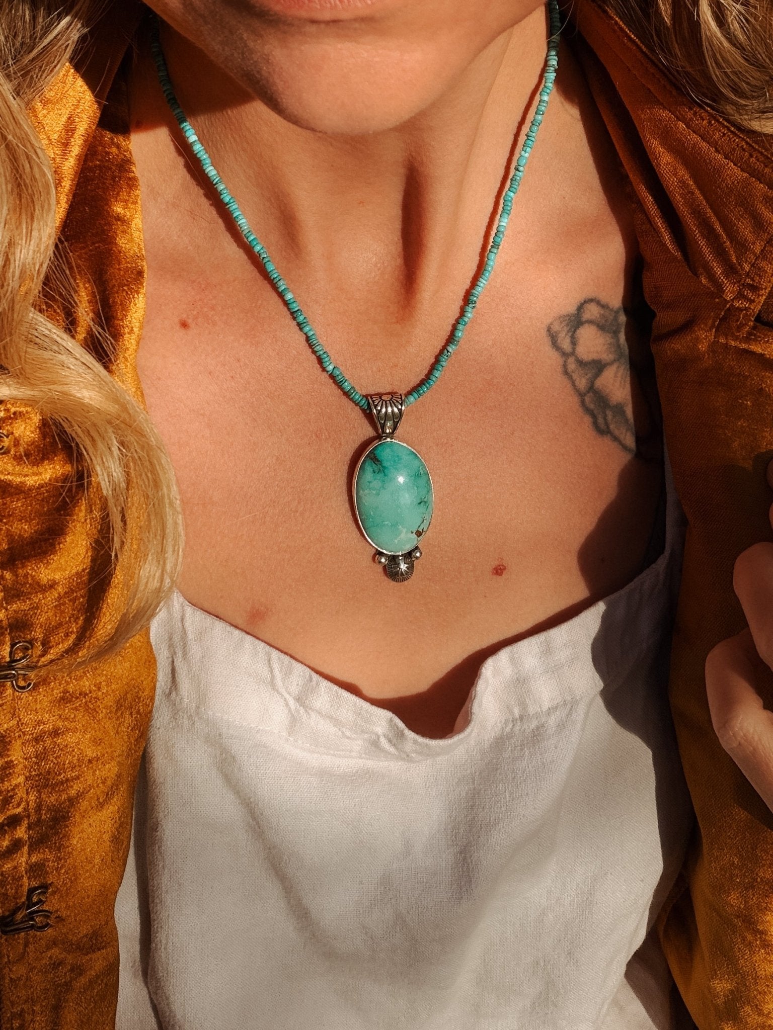 Pendant in Royston Turquoise w/ Turquoise Bead Chain - Golden Road Crafted