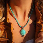 Pendant in Royston Turquoise w/ Turquoise Bead Chain - Golden Road Crafted