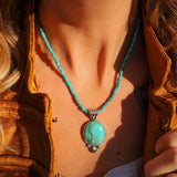 Pendant in Royston Turquoise w/ Turquoise Bead Chain - Golden Road Crafted