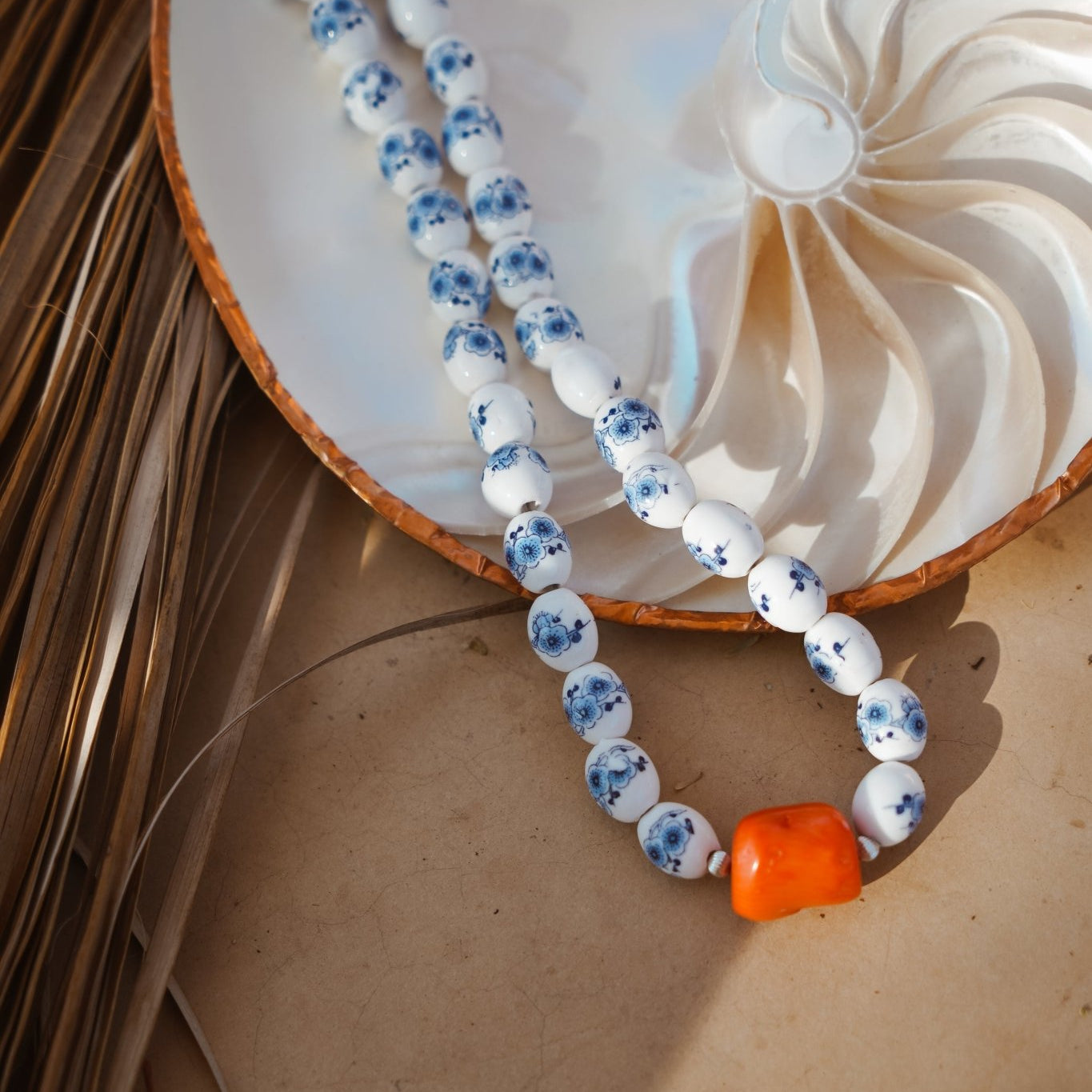 Porcelain Bead Necklace w/ Coral or Freshwater Pearl - Golden Road Crafted