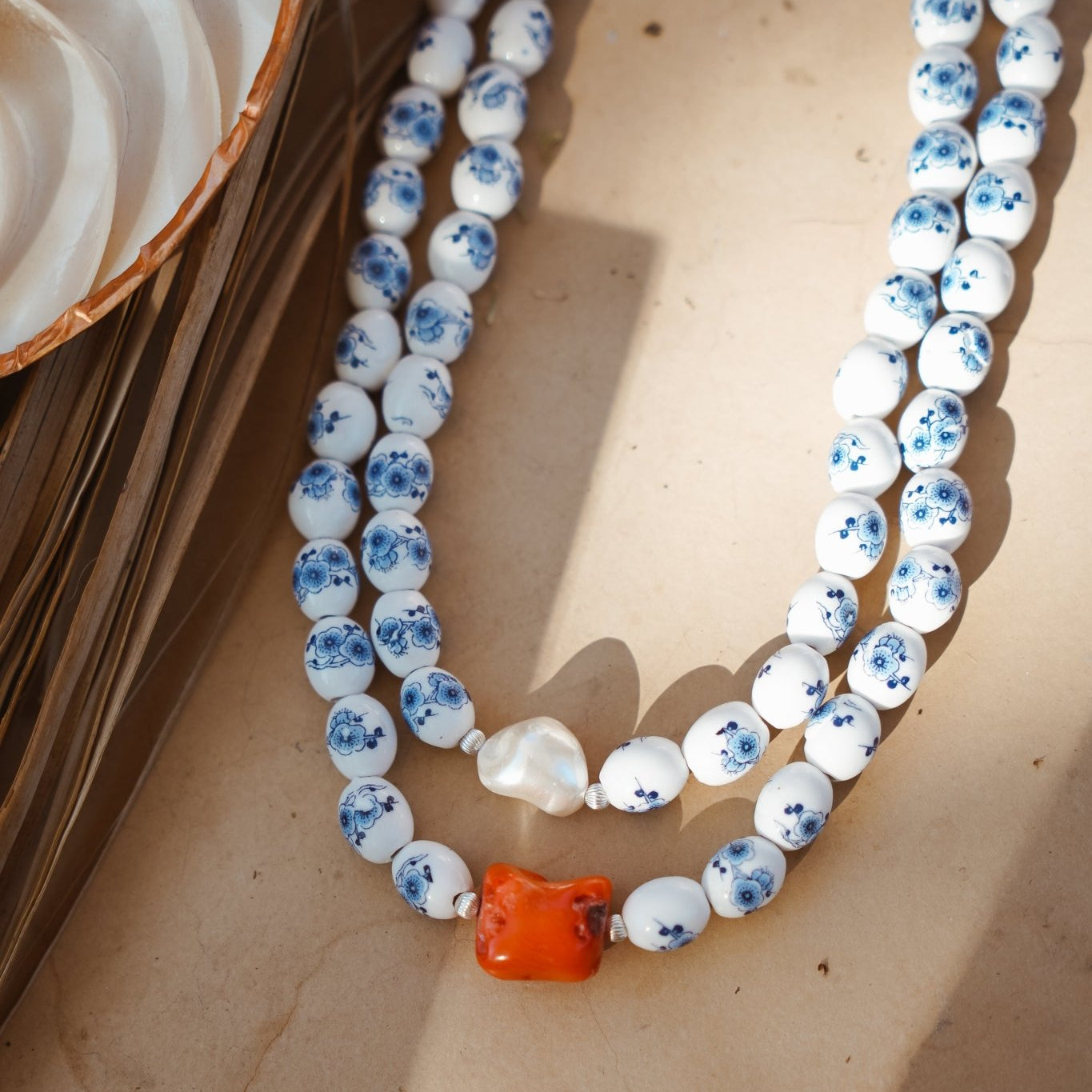 Porcelain Bead Necklace w/ Coral or Freshwater Pearl - Golden Road Crafted
