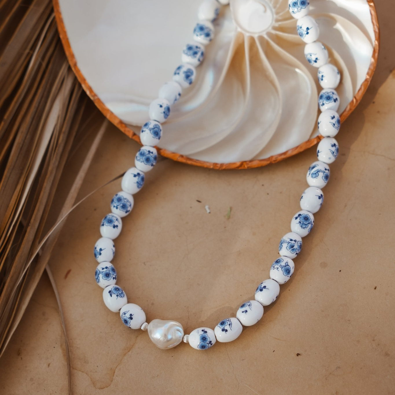 Porcelain Bead Necklace w/ Coral or Freshwater Pearl - Golden Road Crafted