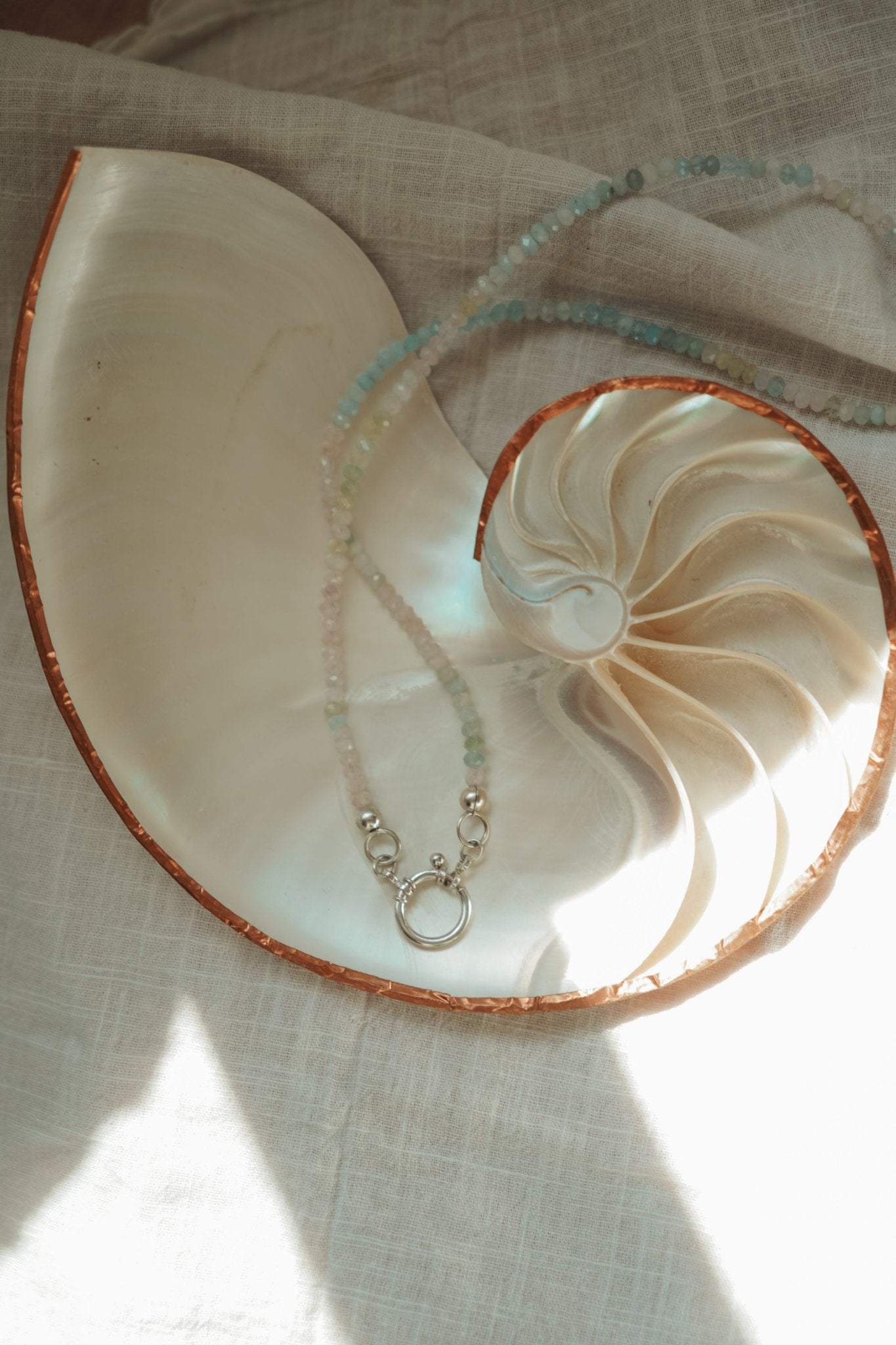 Pre-order: Charm Keeper Necklace in Morganite + Aquamarine w/ Spring Clasp - Golden Road Crafted