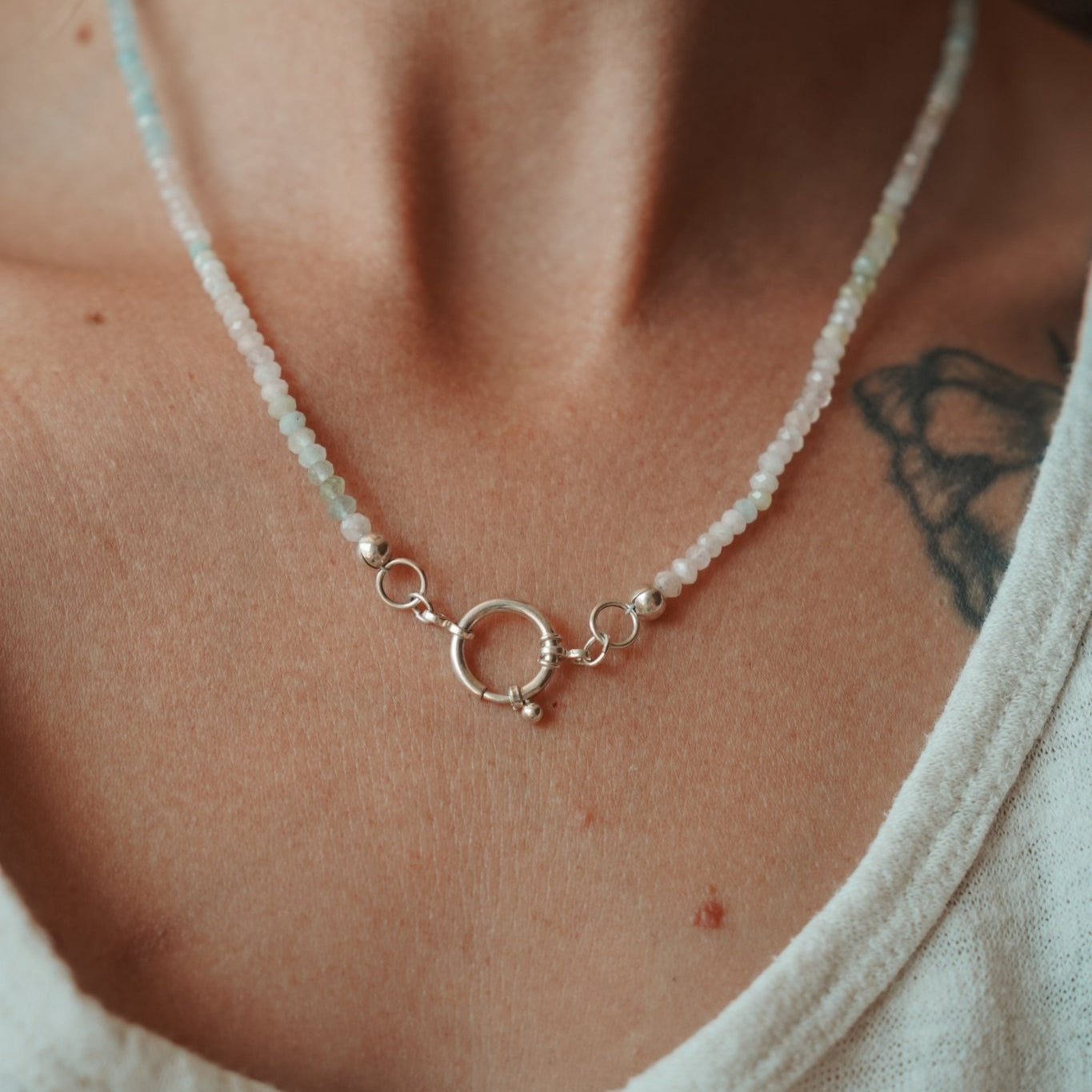 Pre-order: Charm Keeper Necklace in Morganite + Aquamarine w/ Spring Clasp - Golden Road Crafted