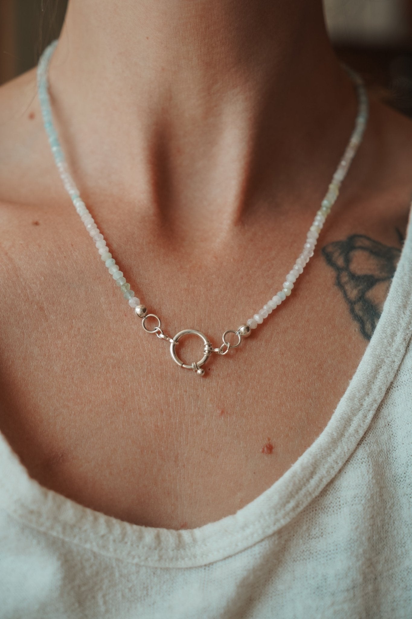Pre-order: Charm Keeper Necklace in Morganite + Aquamarine w/ Spring Clasp - Golden Road Crafted