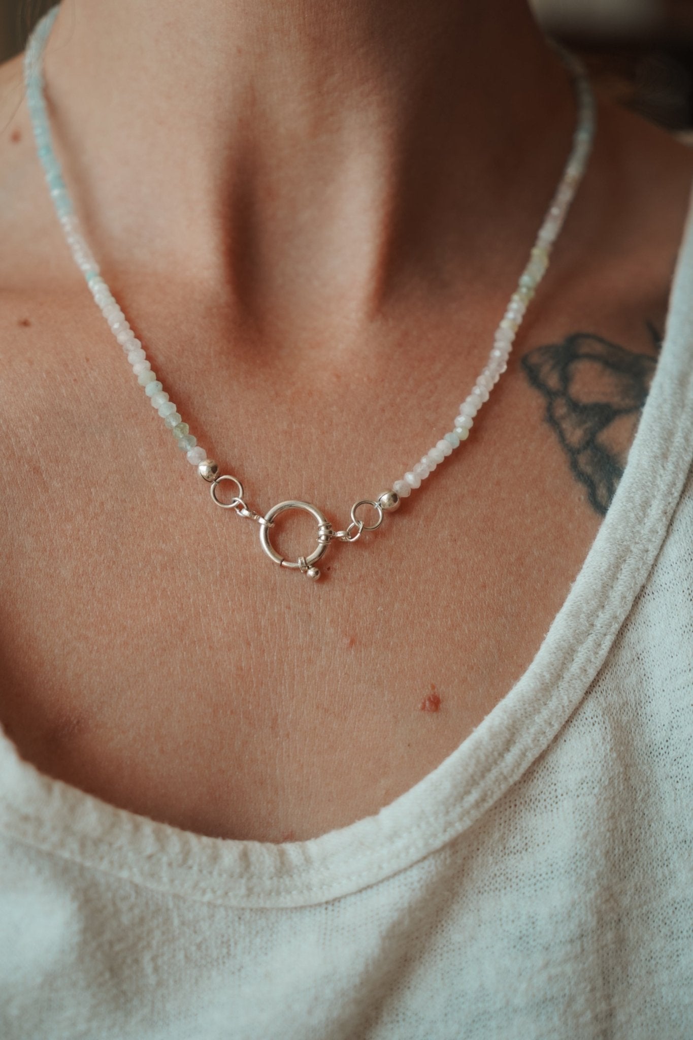 Pre-order: Charm Keeper Necklace in Morganite + Aquamarine w/ Spring Clasp - Golden Road Crafted