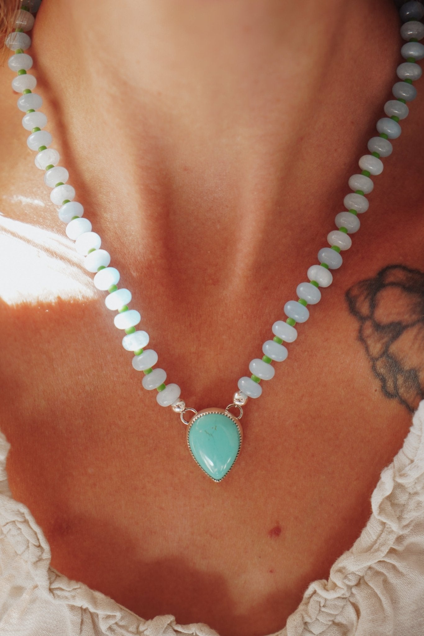 Pre-Order: Summer Breeze Necklace in Aventurine with Turquoise - Golden Road Crafted