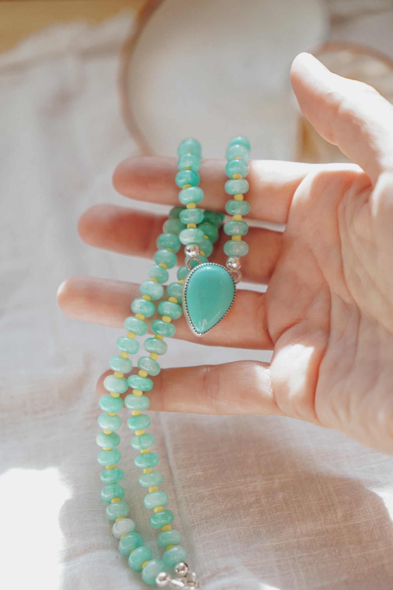 Pre-Order: Summer Breeze Necklace in Aventurine with Turquoise - Golden Road Crafted