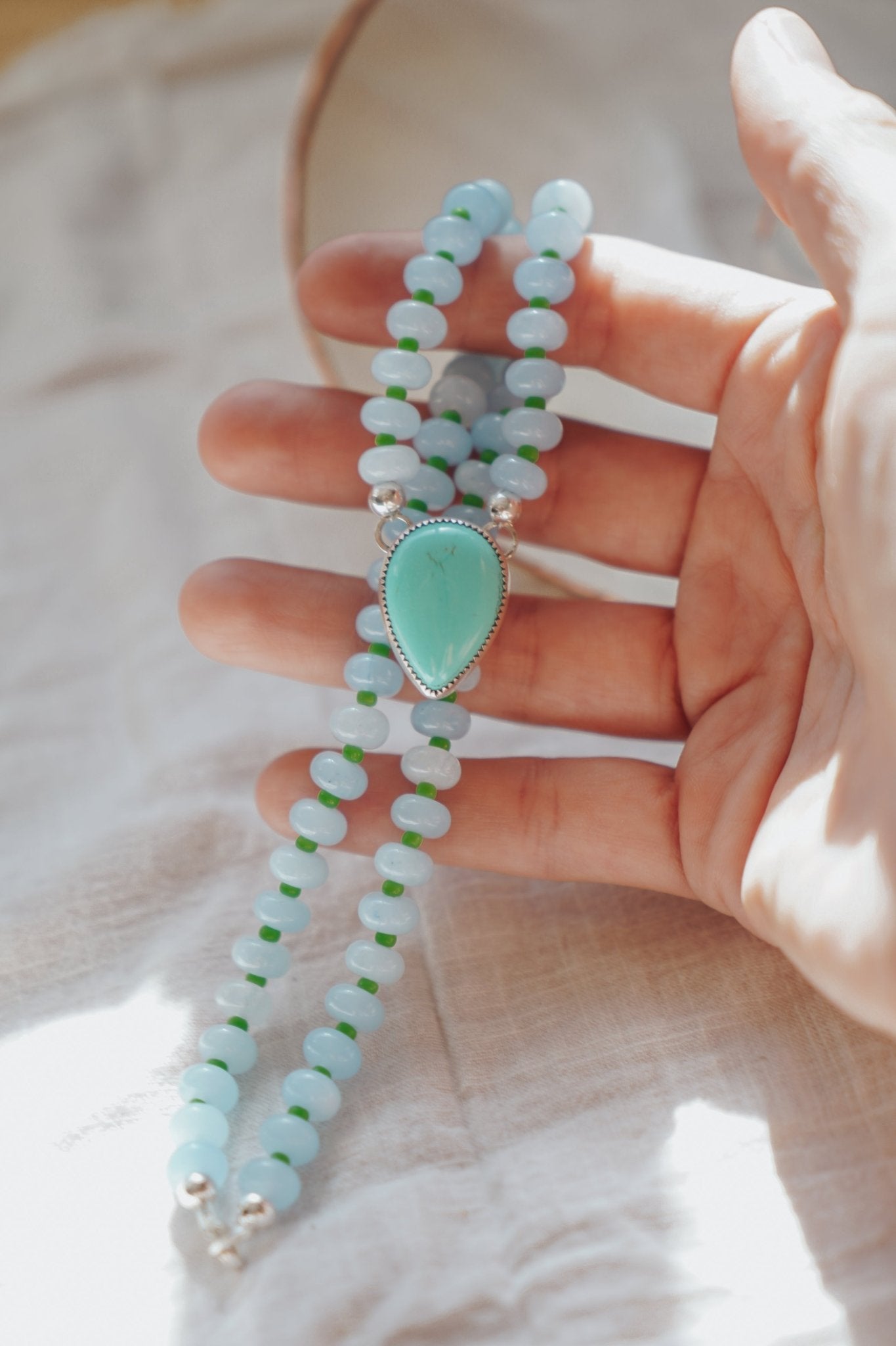 Pre-Order: Summer Breeze Necklace in Aventurine with Turquoise - Golden Road Crafted
