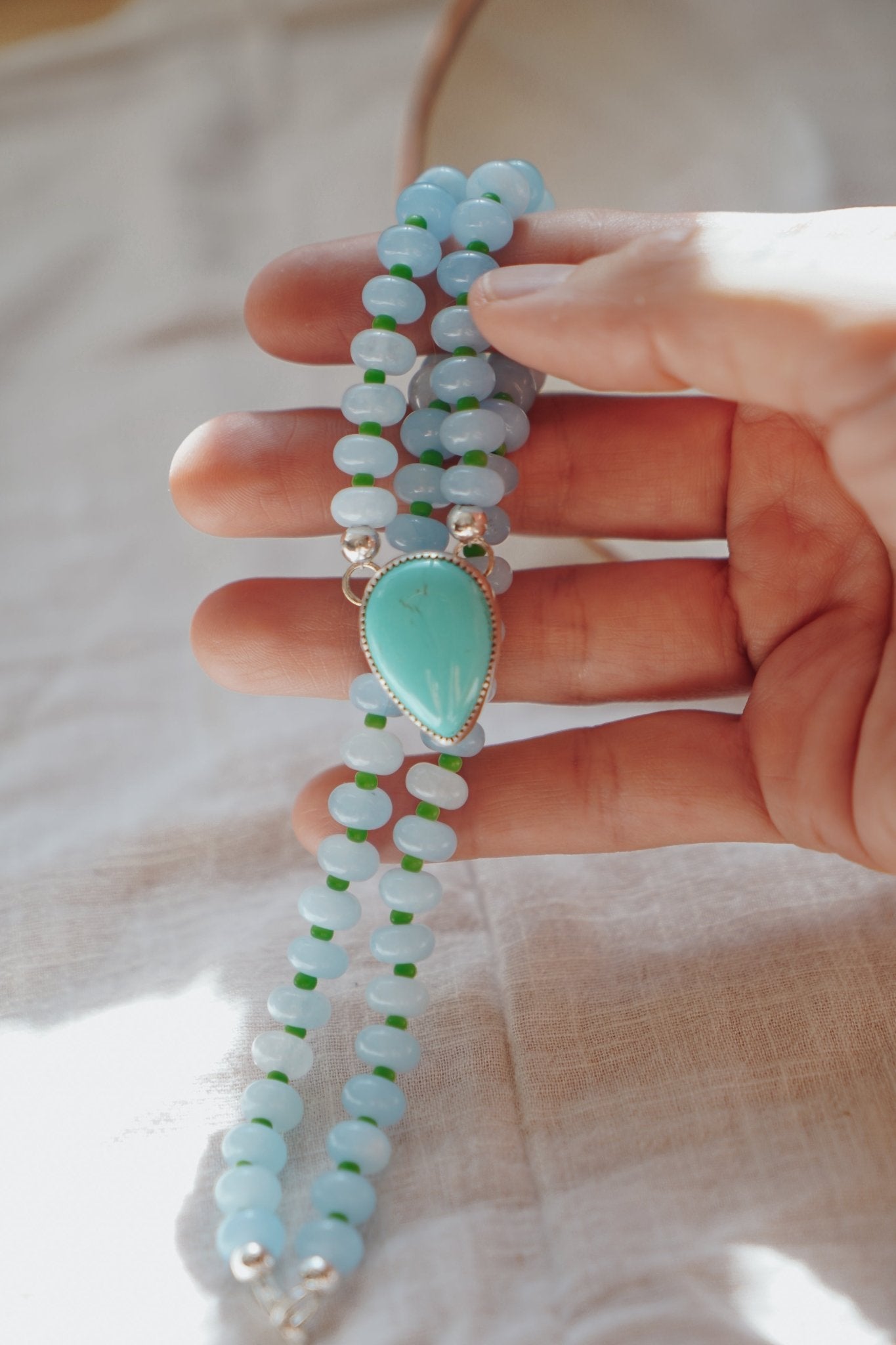 Pre-Order: Summer Breeze Necklace in Aventurine with Turquoise - Golden Road Crafted
