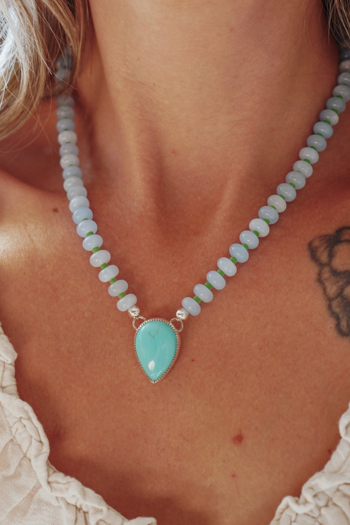 Pre-Order: Summer Breeze Necklace in Aventurine with Turquoise - Golden Road Crafted