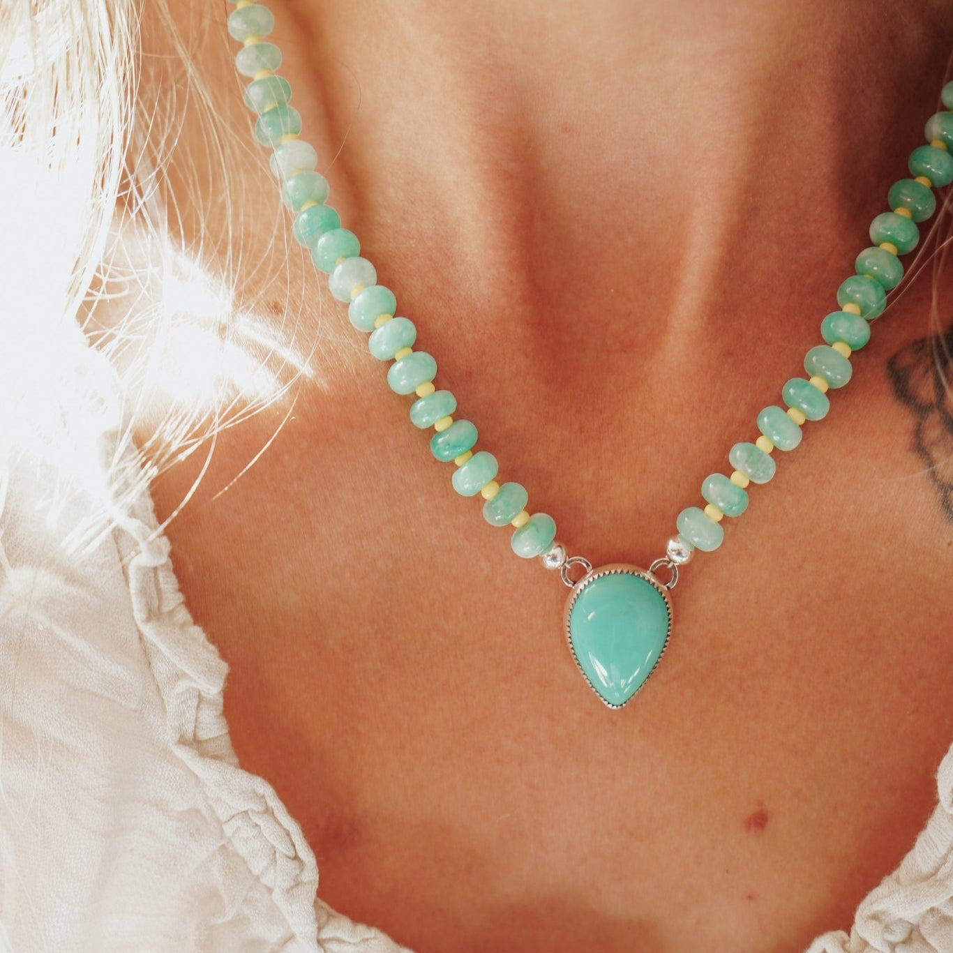Pre-Order: Summer Breeze Necklace in Aventurine with Turquoise - Golden Road Crafted