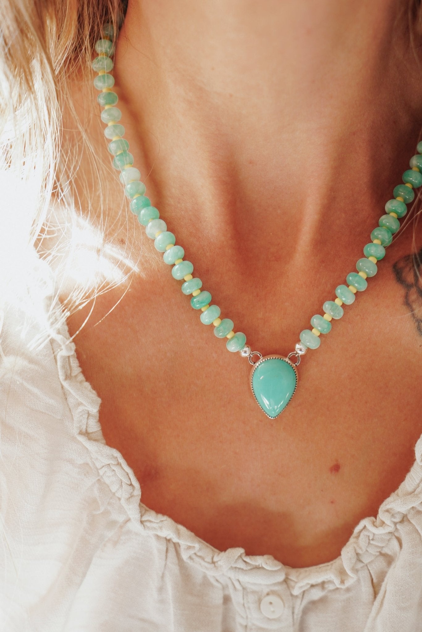 Pre-Order: Summer Breeze Necklace in Aventurine with Turquoise - Golden Road Crafted