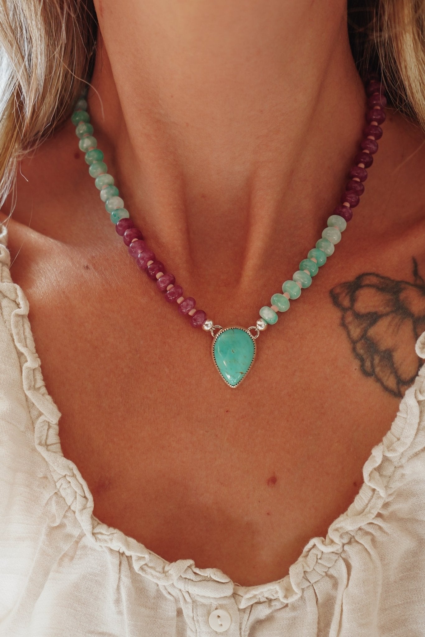 Pre-Order: Summer Breeze Necklace in Rose Quartz + Aventurine with Turquoise - Golden Road Crafted