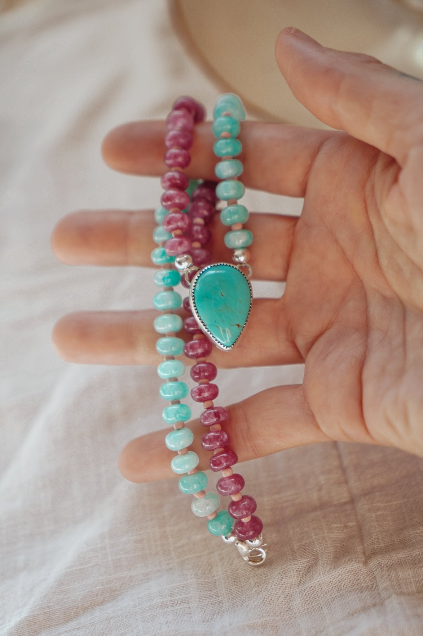 Pre-Order: Summer Breeze Necklace in Rose Quartz + Aventurine with Turquoise - Golden Road Crafted
