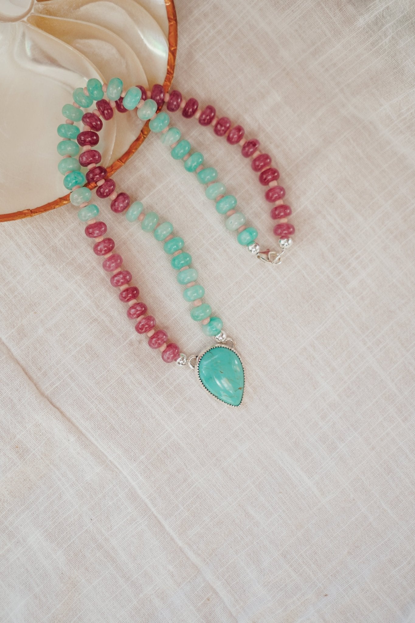 Pre-Order: Summer Breeze Necklace in Rose Quartz + Aventurine with Turquoise - Golden Road Crafted