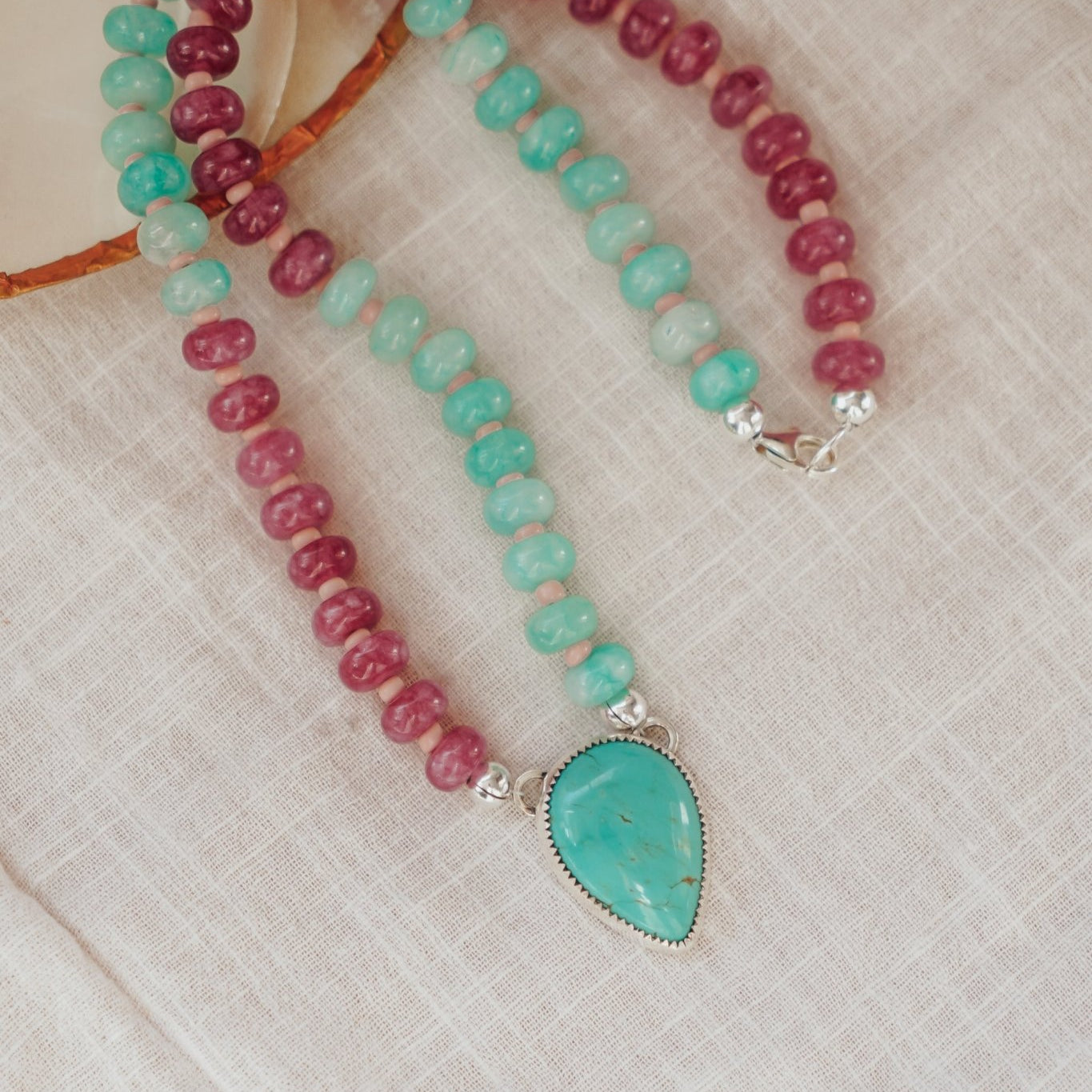 Pre-Order: Summer Breeze Necklace in Rose Quartz + Aventurine with Turquoise - Golden Road Crafted