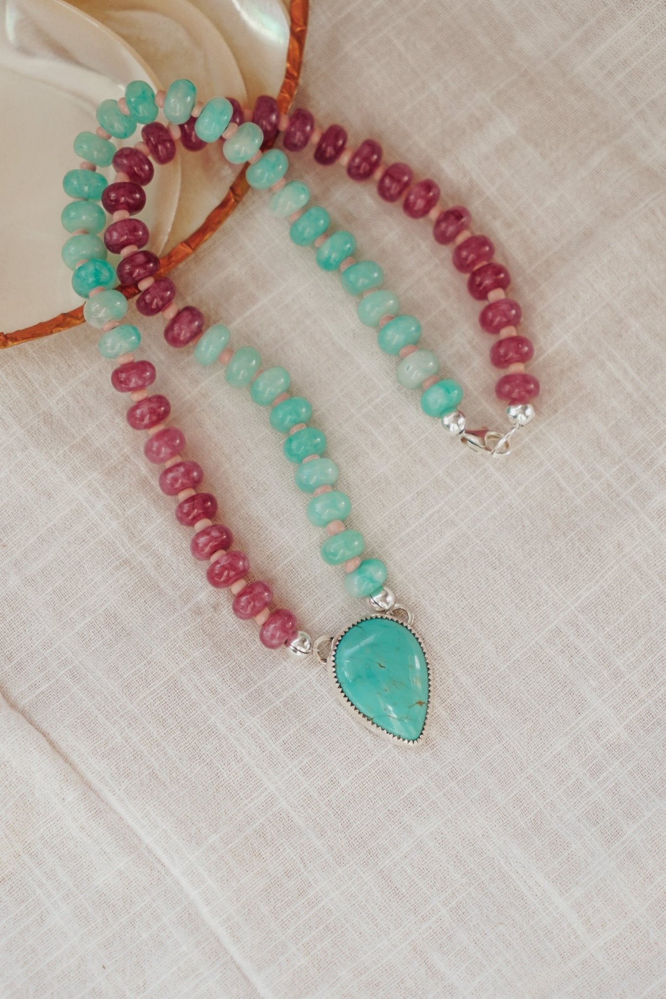 Pre-Order: Summer Breeze Necklace in Rose Quartz + Aventurine with Turquoise - Golden Road Crafted