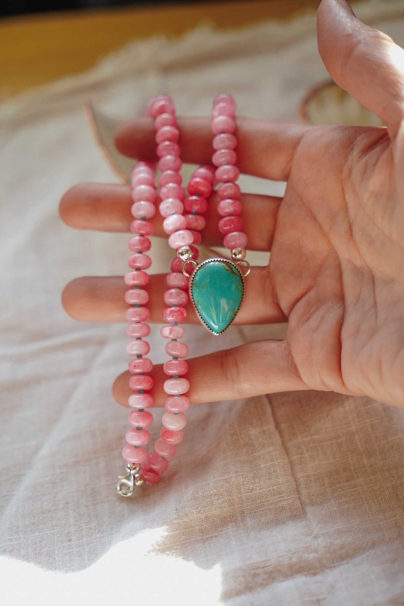 Pre-Order: Summer Breeze Necklace in Rose Quartz with Royston Turquoise - Golden Road Crafted