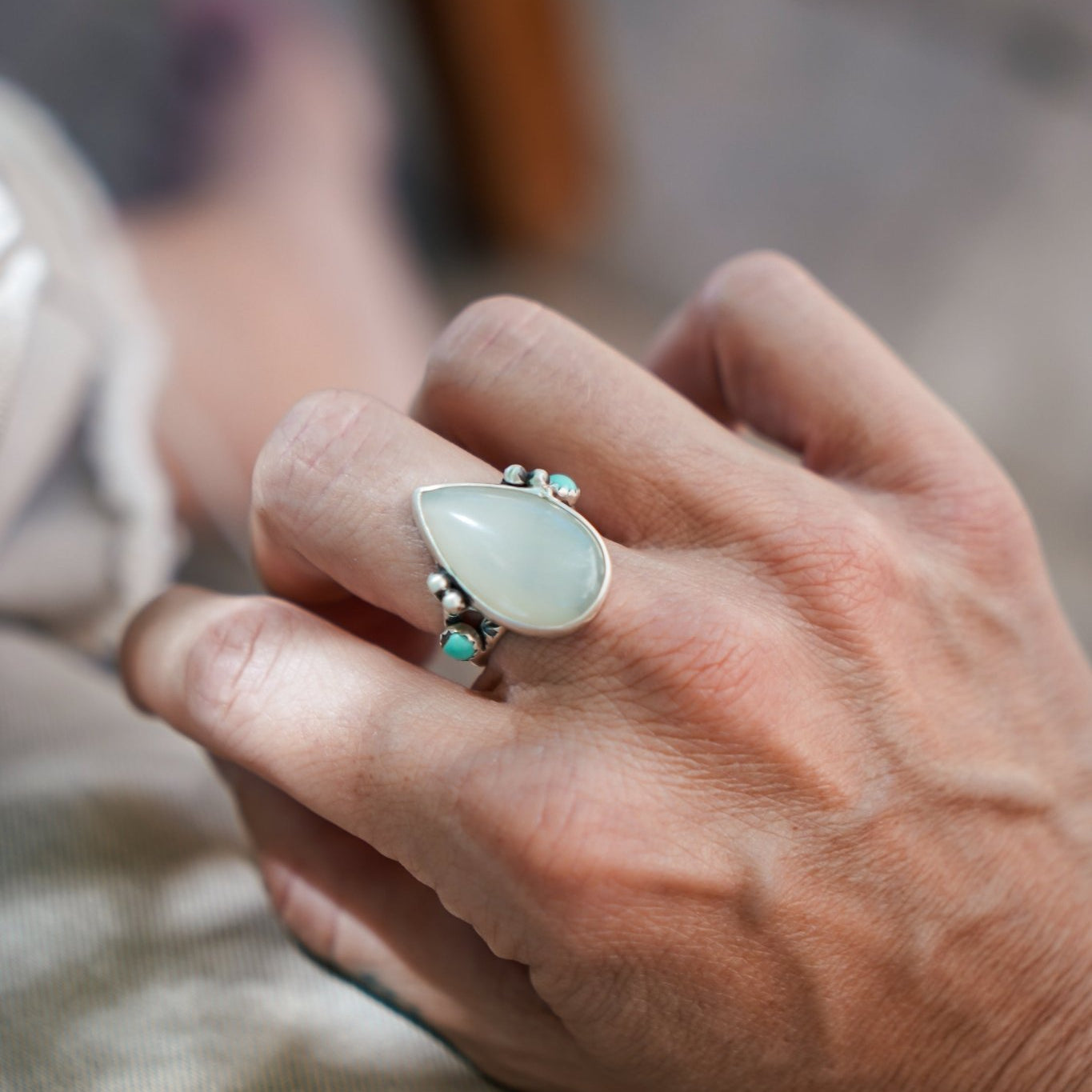 Rainbow Moonstone Ring with Lone Mtn Turquoise (Size 8) - Golden Road Crafted