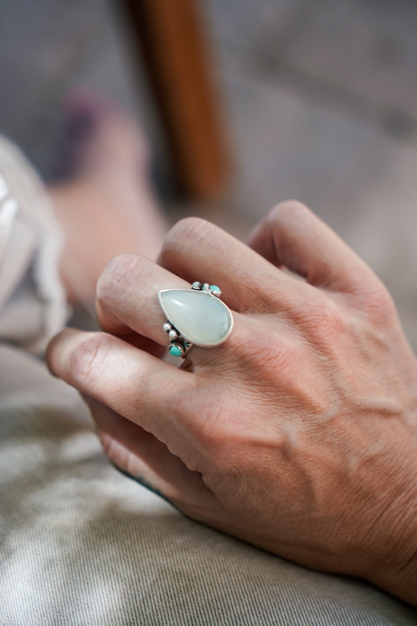 Rainbow Moonstone Ring with Lone Mtn Turquoise (Size 8) - Golden Road Crafted