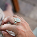 Rainbow Moonstone Ring with Lone Mtn Turquoise (Size 8) - Golden Road Crafted
