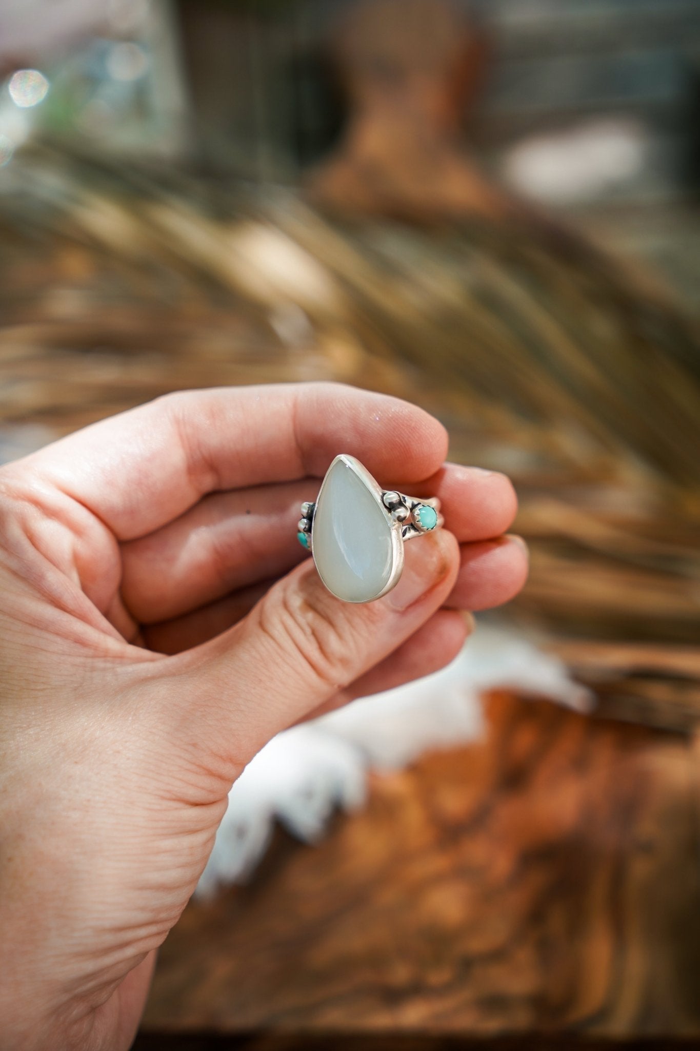 Rainbow Moonstone Ring with Lone Mtn Turquoise (Size 8) - Golden Road Crafted