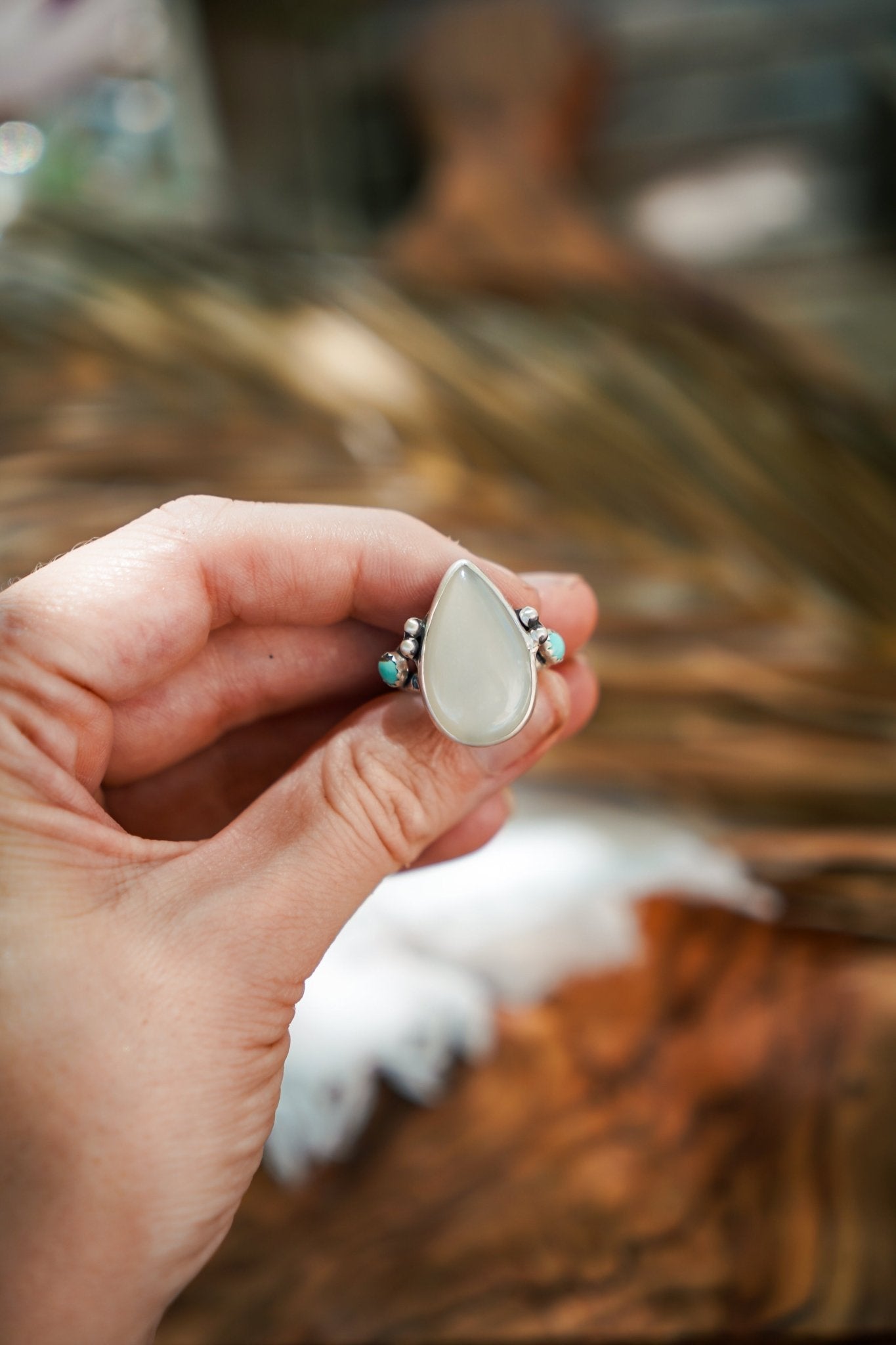 Rainbow Moonstone Ring with Lone Mtn Turquoise (Size 8) - Golden Road Crafted