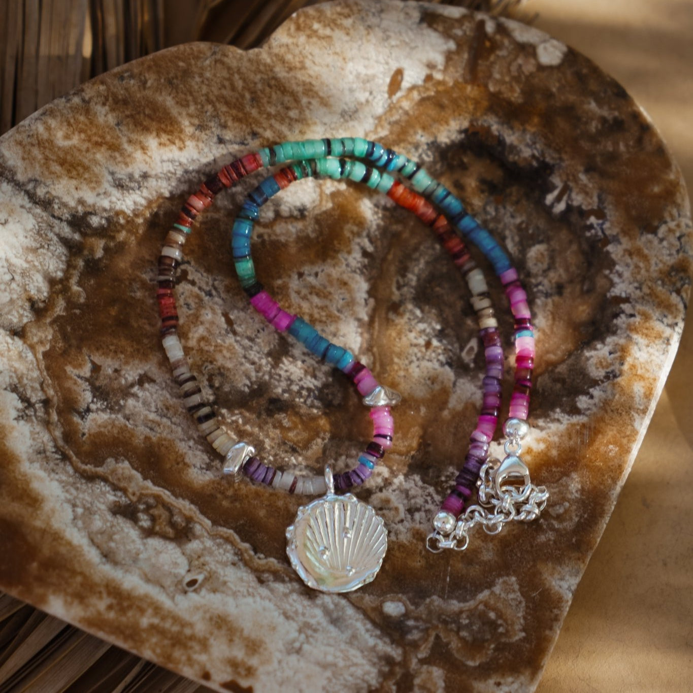 Rainbow Shell Beads with Sterling Silver Shell Charm - Golden Road Crafted