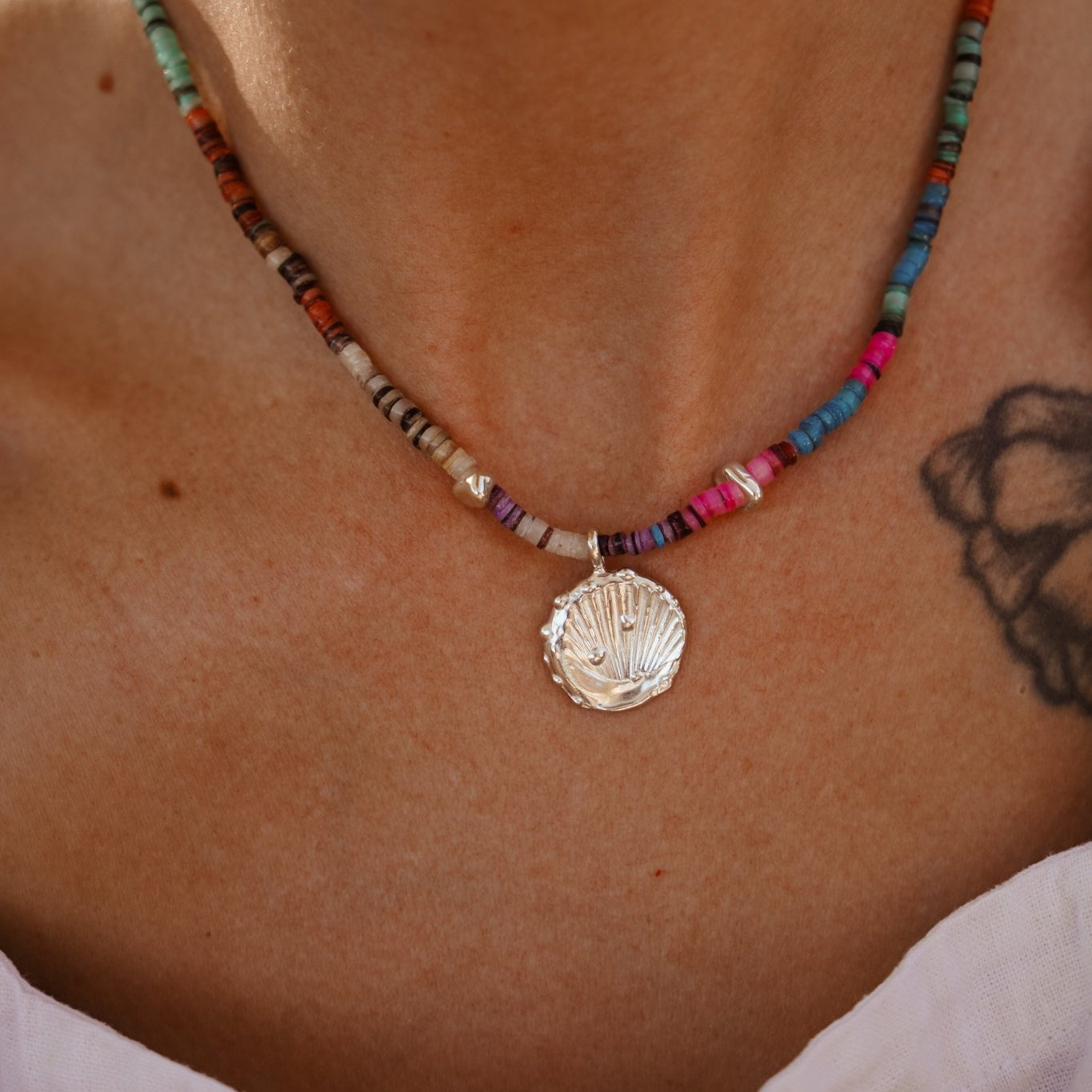 Rainbow Shell Beads with Sterling Silver Shell Charm - Golden Road Crafted